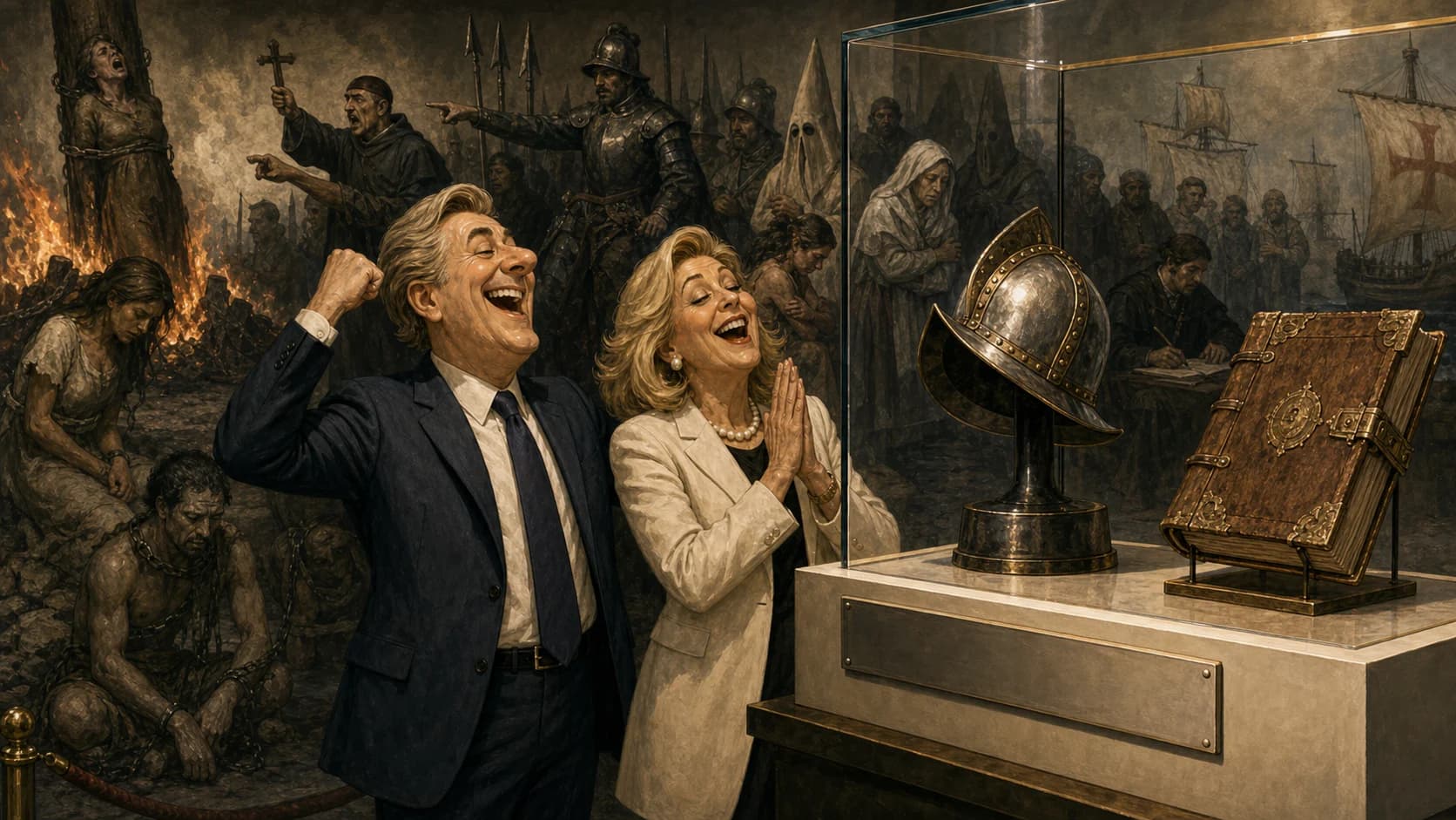 caricatura editorial sobre nostalgia reaccionaria frente a un casco de conquistador y un libro medieval